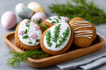 Decorated gingerbread egg cookies presenting spring holiday dessert on a tableの素材