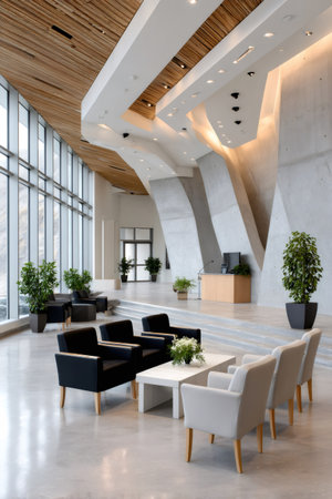 Spacious contemporary lobby featuring concrete walls, wooden ceiling, and large windows with lounge seatingの素材