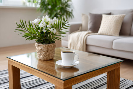 Coffee cup and plant creating a cozy, relaxing atmosphere in bright home interiorの素材