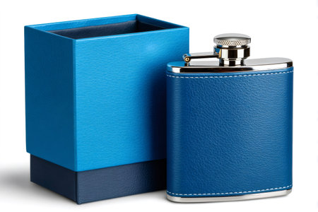Blue leather-wrapped stainless steel hip flask with its matching gift boxの素材
