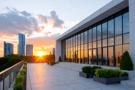 Modern building facade and empty outdoor terrace with city skyline at sunsetの素材