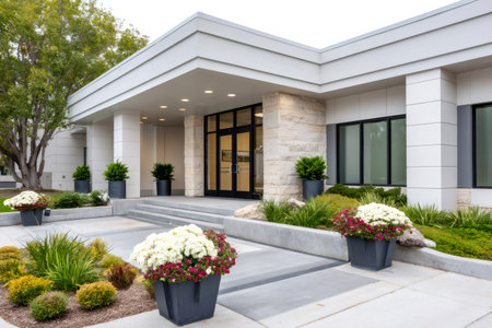 Contemporary office building entrance featuring clean lines, stone facade, and vibrant planted flowersの素材