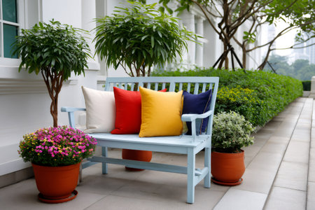 Light blue bench featuring vibrant pillows set on a paved outdoor patio area with green plantsの素材