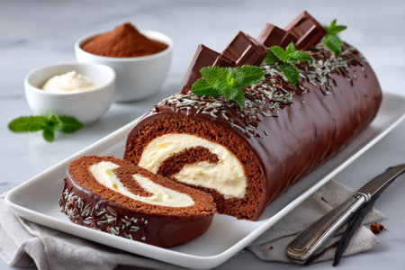 Chocolate Swiss roll with sweet cream, glazed with chocolate ganache and mint leavesの素材