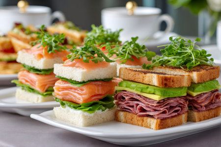 Various delicious tea sandwiches with salmon, roast beef, avocado, and microgreens ready for servingの素材
