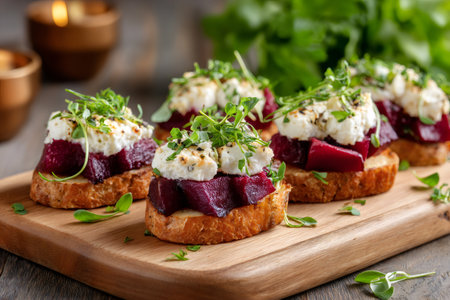 Beetroot and goat cheese crostini topping with microgreens on a wooden serving boardの素材