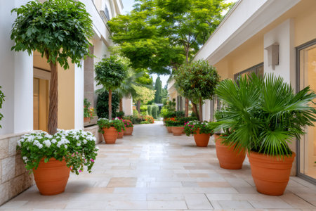 Potted plants and trees decorating an outdoor walkway leading to a landscaped garden areaの素材