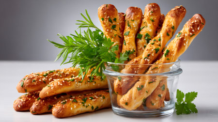 Savory grissini breadsticks featuring sesame seeds and fresh green herbs, displayed in a clear glassの素材
