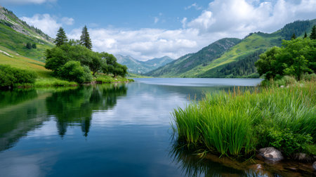 Serene lake water reflecting green mountains and blue sky with clouds on a sunny dayの素材