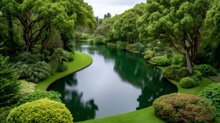Manicured garden pond surrounded by vibrant plants and trees, creating a serene landscapeの素材