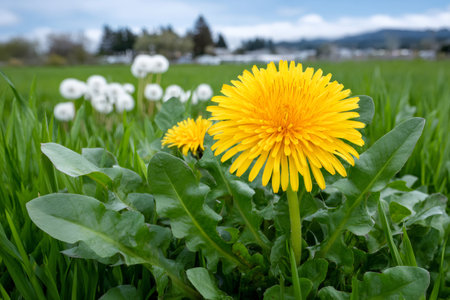 Dandelion bloom with green leaves growing in a spring field with blurred fluffy seed headsの素材