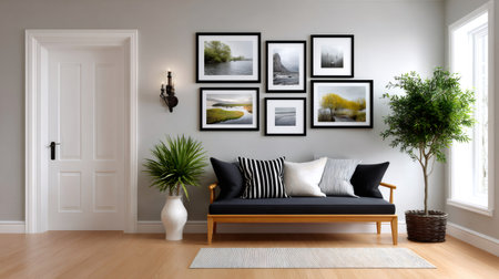 Living room interior presenting a gallery wall over a modern couch with houseplants and a large windowの素材