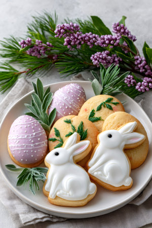 Easter sugar cookies decorated with icing on a white plate with spring flowersの素材