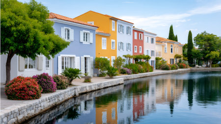 Port Grimaud's colorful waterfront houses reflecting in the calm canal water under a clear skyの素材