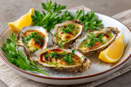 Four baked gratin oysters with melted cheese are ready to eat on a white plate with lemonの素材