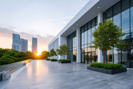 Modern architectural building featuring glass facade, creating an urban business and commercial areaの素材