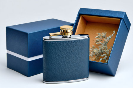 Premium hip flask with blue leather cover standing against an open gift boxの素材