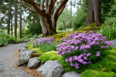 Serene garden setting with purple flowers blooming alongside a curving pathway and large treesの素材