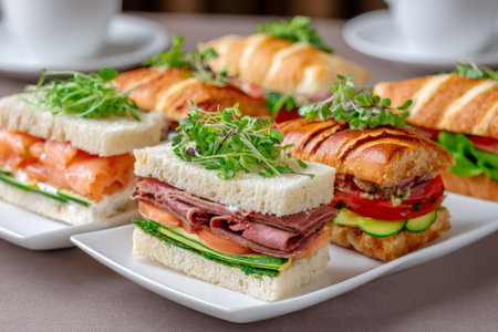 Assorted savory sandwiches and mini baguettes organized for an elegant catering eventの素材