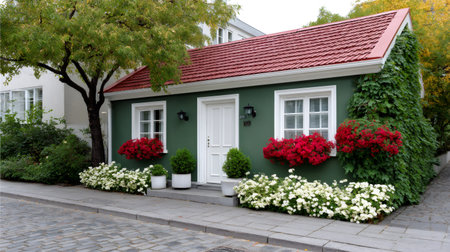 Residential house featuring a green facade, red roof, and colorful window box flowers on a cobblestone streetの素材