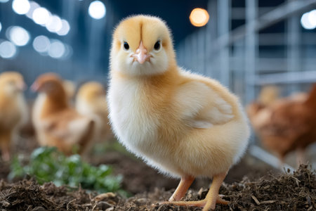 Baby chick standing on dirt in a farm with other chickens in the backgroundの素材