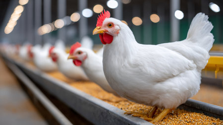White chickens feeding on grain in a modern industrial farm settingの素材