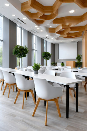 Modern empty conference room with white tables and chairs, ready for business meetings or presentationsの素材