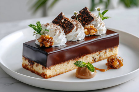 Chocolate walnut cake presenting a rich glaze, whipped cream, mint, and candied walnuts on a white plateの素材