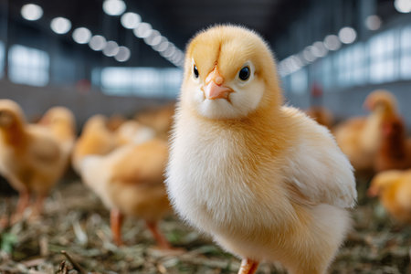 Fluffy chick standing on straw, other chicks blurred in background, inside a chicken farmの素材