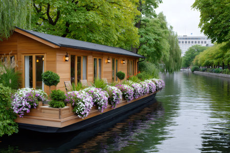 Houseboat with lush flowers and green trees reflecting on a calm city canalの素材