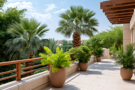 Sunny outdoor terrace featuring lush green plants in pots and a view of tropical palm treesの素材