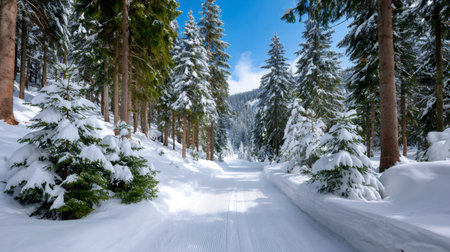 Snow-covered forest with a groomed path winding through trees on a sunny winter dayの素材