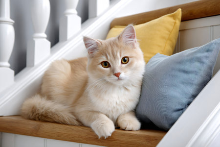 Domestic cat kitten resting on a wooden staircase next to soft pillows at homeの素材