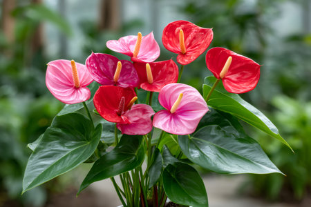 Anthurium plant presenting vibrant red and pink flowers among green leavesの素材
