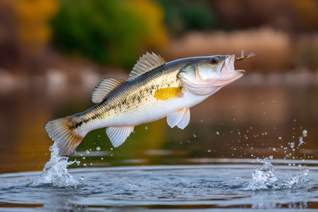Largemouth bass leaping from water, hooked by a fly fishing lure, creating a splashの素材