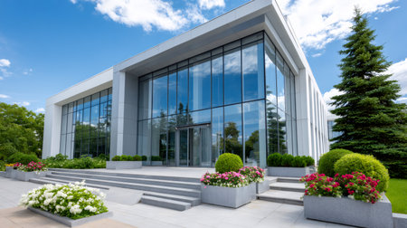 Contemporary corporate office featuring large windows and an inviting entrance with stairs and flower bedsの素材
