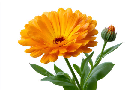 Calendula marigold flower blooming with an unopened bud and green leaves on white backgroundの素材