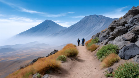 Couple trekking on a volcanic mountain path enjoying the vast landscape and cloudy skyの素材