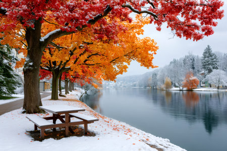 Bright autumn leaves on trees with snow covering the picnic table and ground by the tranquil lakeの素材