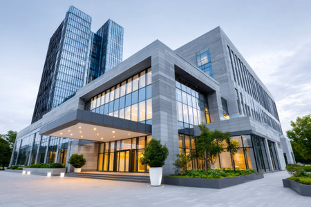 Contemporary corporate office building featuring a glass facade and entryway against a clear skyの素材