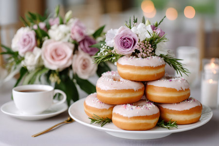 Donuts with pink icing and sprinkles arranged on a plate with floral decorationの素材
