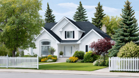 Suburban white house with vibrant landscaping and a classic picket fenceの素材