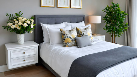 Bedroom offering a modern, minimalist, and tranquil place for sleeping and relaxingの素材