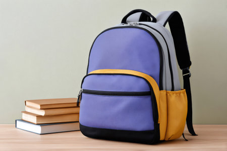 Backpack and stacked books on a wooden desk highlighting education and learningの素材