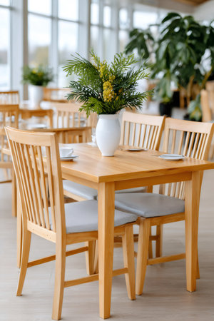 Restaurant interior with vacant wooden dining tables, chairs, and a floral centerpieceの素材
