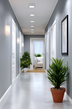 Well-lit modern hallway showcasing minimalist aesthetics, white doors, and green houseplantsの素材