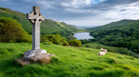 Celtic cross with knotwork carving on a hill overlooking a lake and green valley with grazing sheepの素材