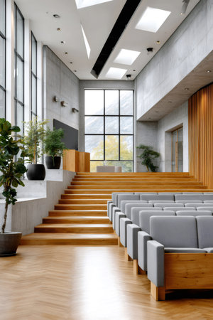 Modern conference lecture hall interior with rows of gray seating, concrete walls, wooden floor and mountain viewの素材