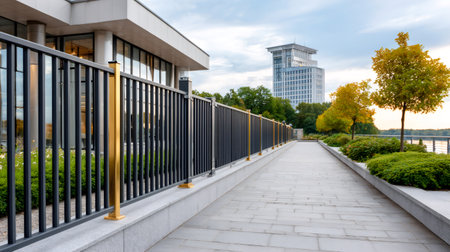 Urban promenade with a black metal fence, modern building, and cityscape against a gray skyの素材
