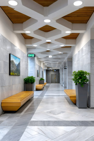 Modern architectural hallway with marble walls, terrazzo floor, and green plantsの素材